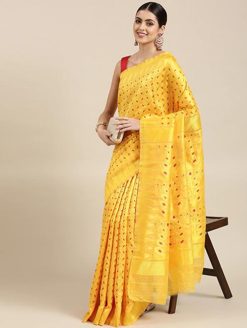 red cotton silk jamdani saree - 20202382 - Very Small Image - 1