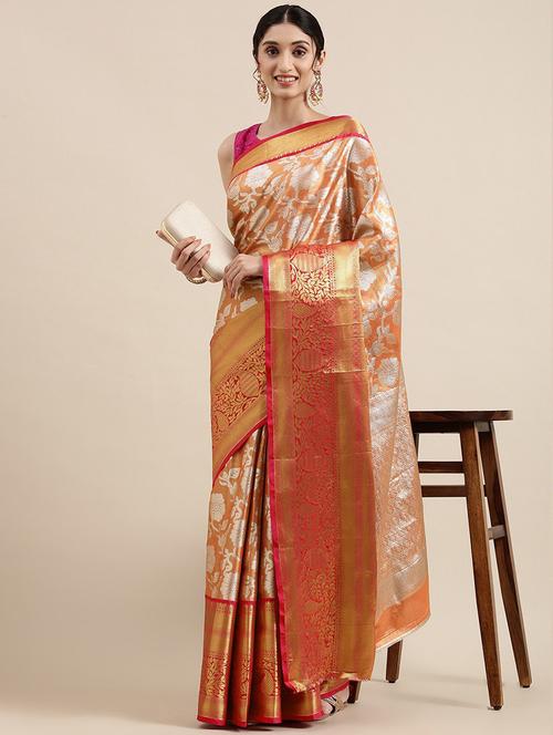orange silk blend banarasi saree with blouse - 20202393 - Very Small Image - 1