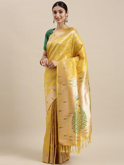 yellow silk blend paithani saree with blouse - 20202411 - Very Small Image - 1