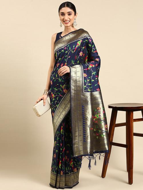 dark blue silk blend paithani saree with blouse - 20202435 - Very Small Image - 1