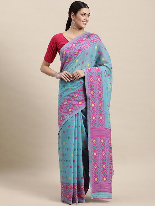 light blue cotton blend kovai saree with blouse - 20202436 - Very Small Image - 1