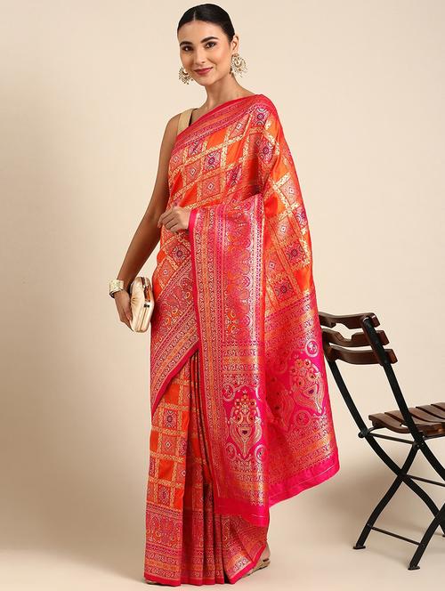 orange silk blend patola saree - 20202461 - Very Small Image - 1