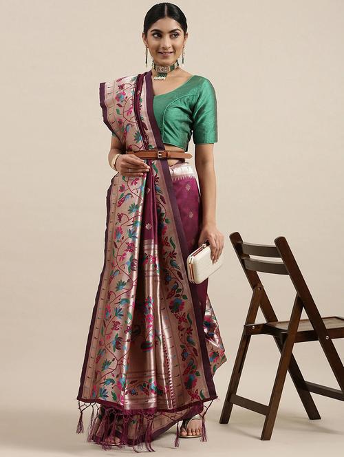 purple woven saree with blouse - 20202502 - Very Small Image - 1