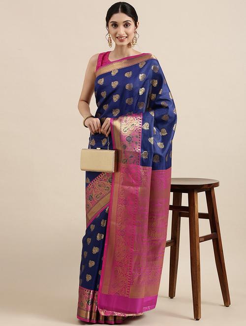 dark blue silk blend banarasi saree - 20202504 - Very Small Image - 1