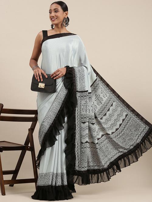 light blue printed saree with blouse - 20202507 - Very Small Image - 1