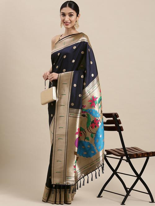 dark blue silk paithani saree with blouse - 20202508 - Very Small Image - 1