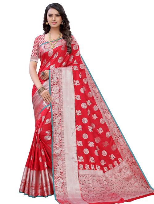 red silk banarasi saree with blouse - 20202513 - Very Small Image - 1