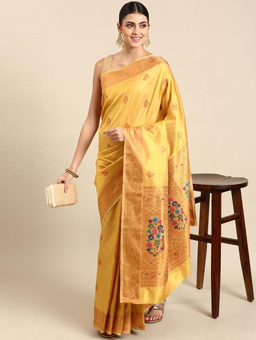 yellow silk blend paithani saree with blouse - 20202580 - Very Small Image - 1