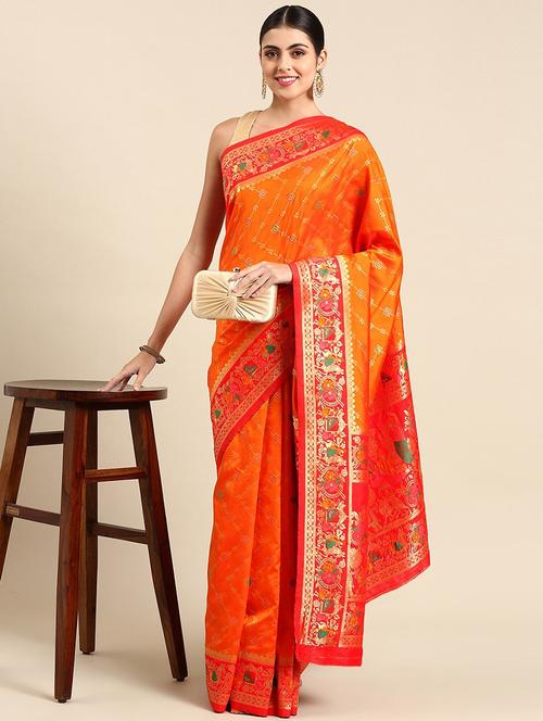 orange silk blend banarasi saree with blouse - 20202583 - Very Small Image - 1