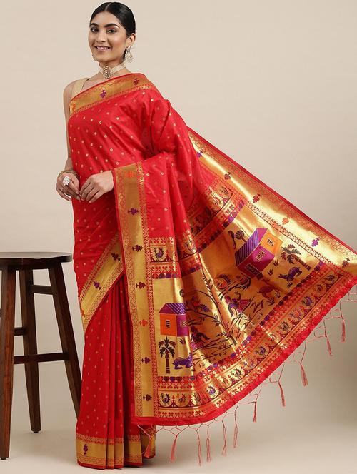 red banarasi saree with blouse - 20202586 - Very Small Image - 1