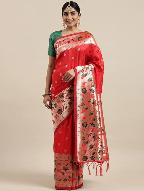 red cotton blend saree - 20202603 - Very Small Image - 1