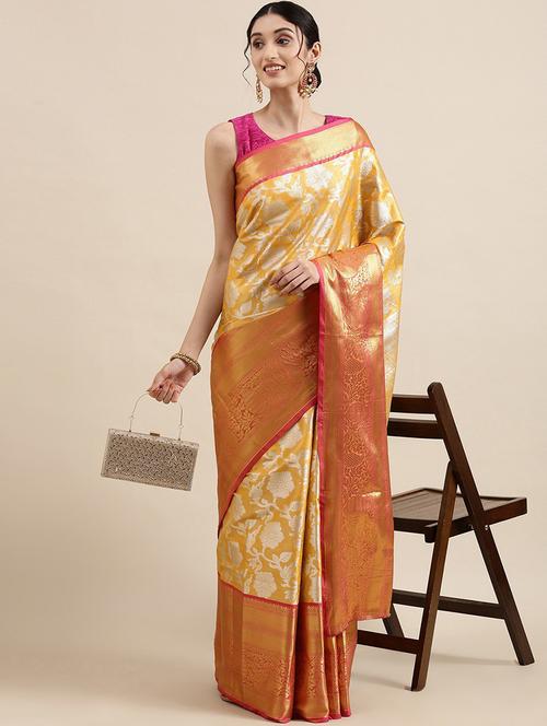yellow silk blend banarasi saree with blouse - 20202610 - Very Small Image - 1