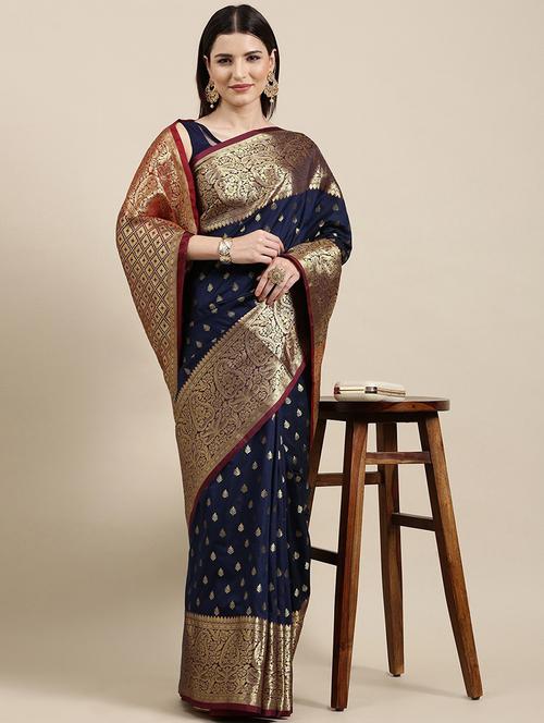 black silk blend banarasi saree with blouse - 20202622 - Very Small Image - 1