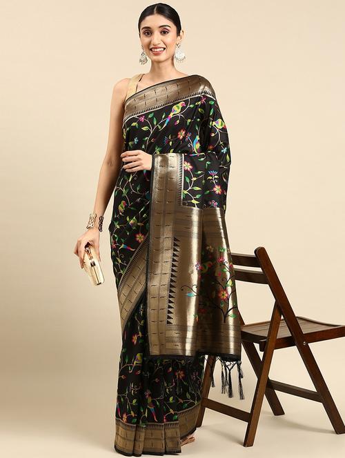 black silk blend paithani saree with blouse - 20202633 - Very Small Image - 1