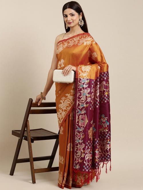 orange & maroon self design printed saree with blouse - 20202642 - Very Small Image - 1
