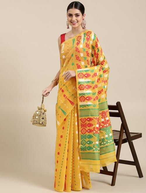 yellow jamdani saree with blouse - 20202649 - Very Small Image - 1