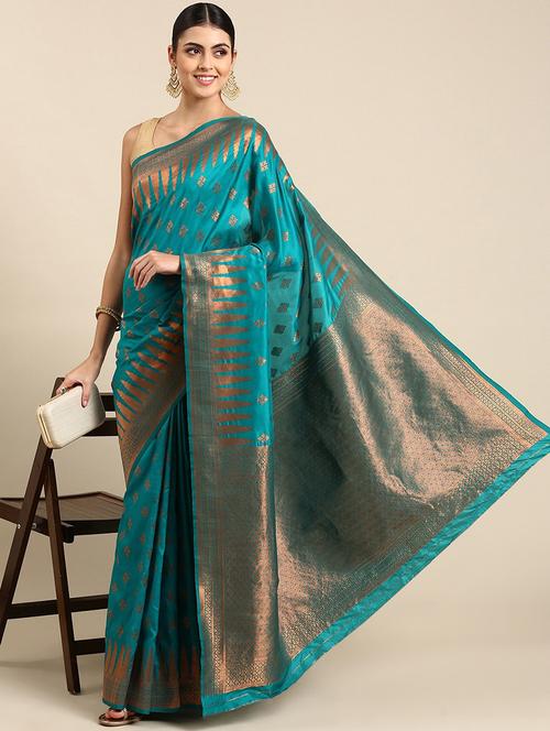 green silk blend banarasi saree with blouse - 20202650 - Very Small Image - 1
