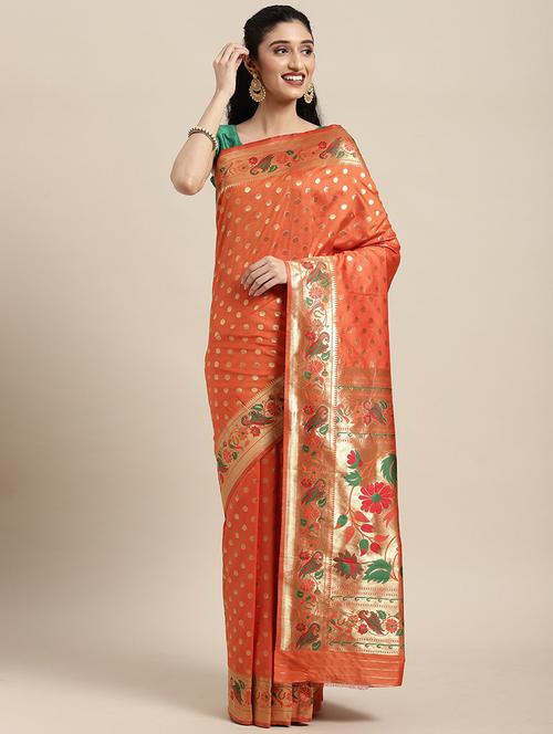 orange silk banarasi saree with blouse - 20202660 - Very Small Image - 1