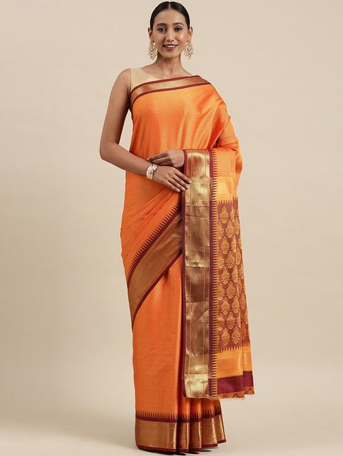 orange cotton blend banarasi saree - 20202673 - Very Small Image - 1
