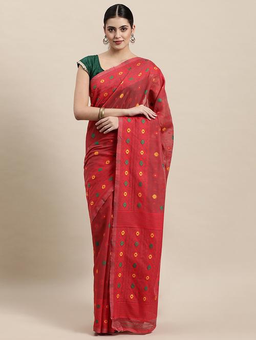 red cotton blend kovai saree with blouse - 20202676 - Very Small Image - 1