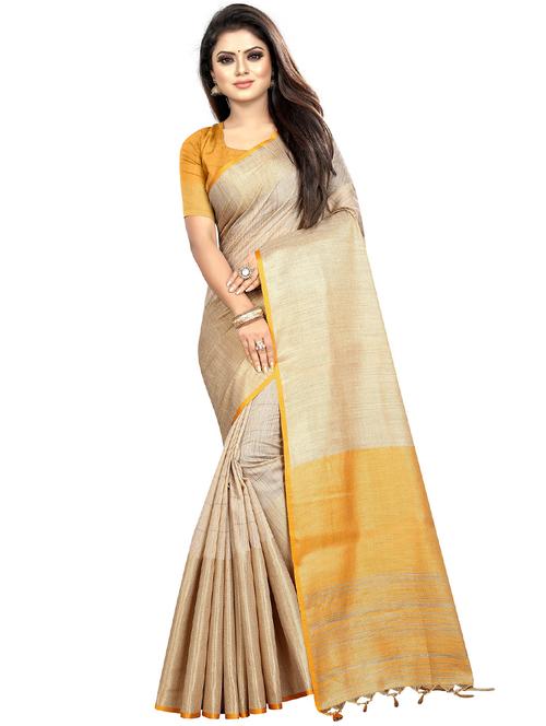 beige solid woven saree with blouse - 20202689 - Very Small Image - 1