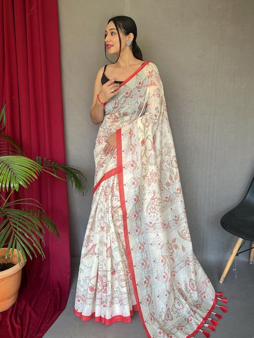 white floral printed saree with blouse - 20202728 - Very Small Image - 1
