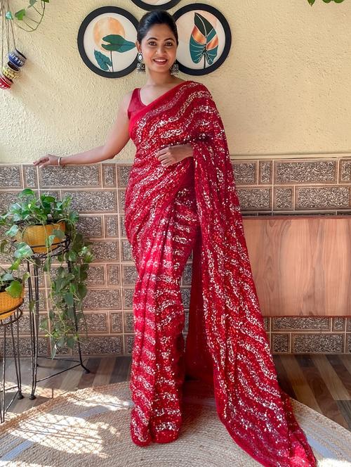 red self design sequin work saree with blouse - 20202747 - Very Small Image - 1
