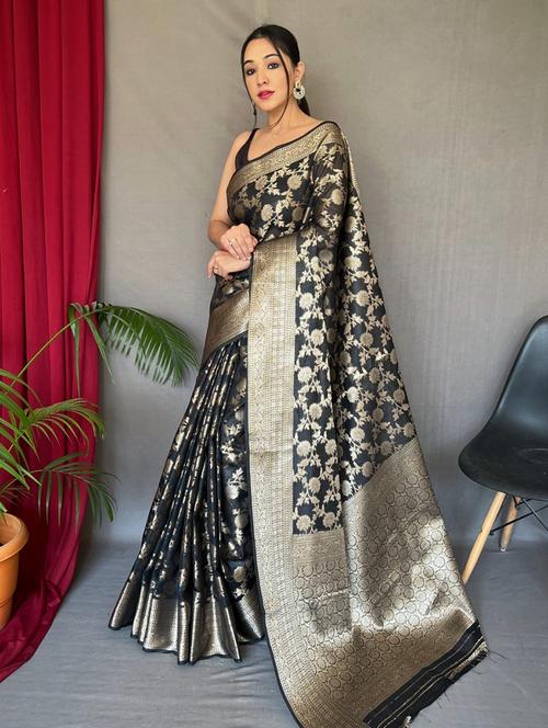 black cotton blend saree with blouse - 20202773 - Very Small Image - 1