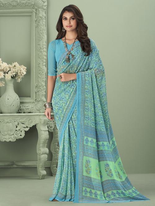 blue self design printed georgette with blouse - 20202836 - Very Small Image - 1