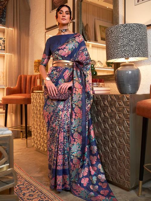 dark blue floral printed silk blend saree - 20202848 - Very Small Image - 1