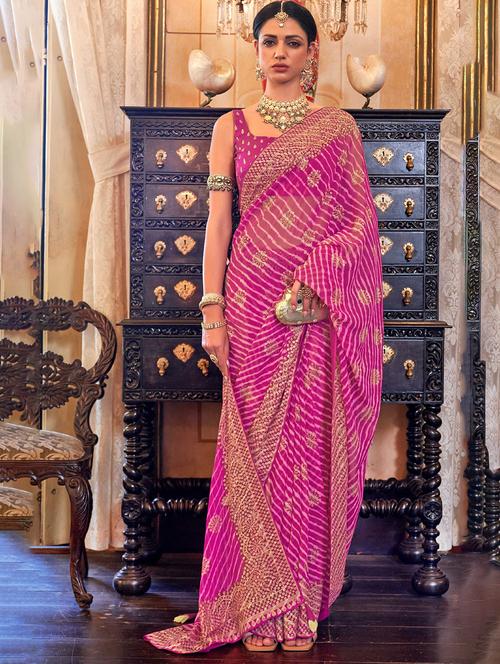 pink self design leheriya print saree with blouse - 20202850 - Very Small Image - 1