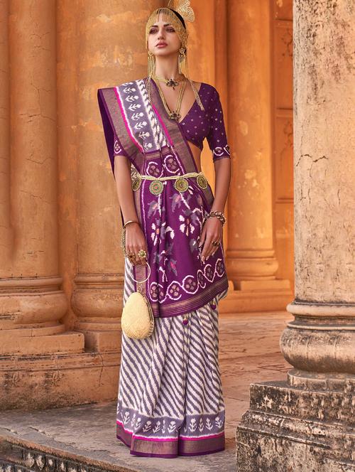 purple self design printed saree with blouse - 20202896 - Very Small Image - 1
