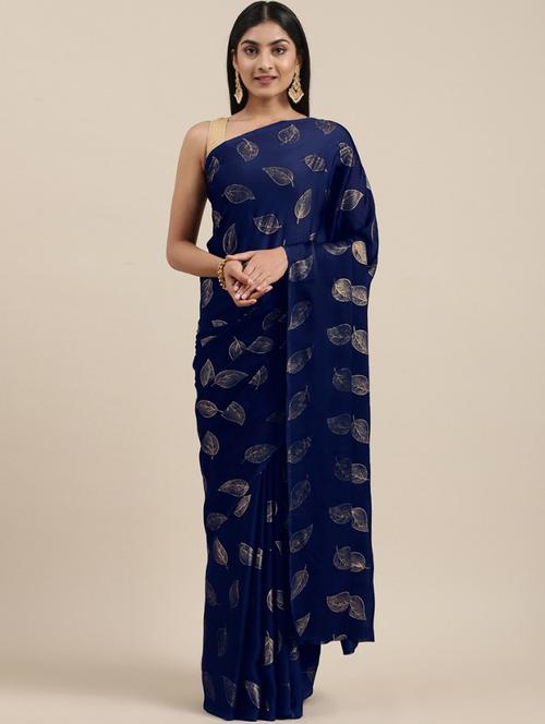 dark blue self design printed saree with blouse - 20202905 - Very Small Image - 1