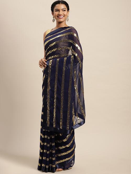 dark blue stripes sequin work saree with blouse - 20202932 - Very Small Image - 1