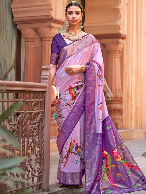 purple self design woven saree with blouse - 20202976 - Very Small Image - 1