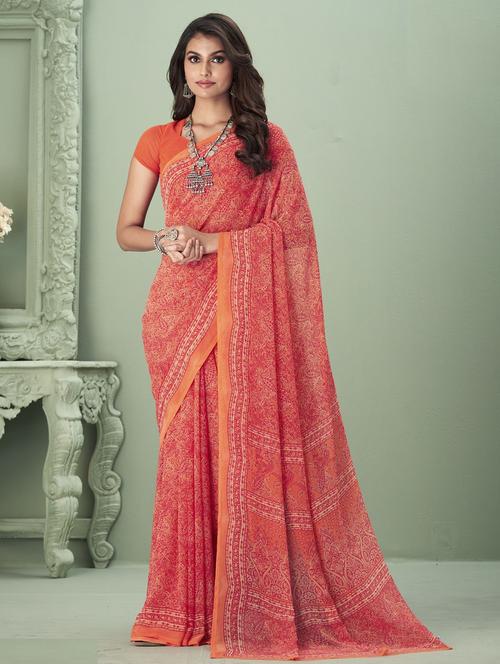 orange self design printed georgette saree with blouse - 20202978 - Very Small Image - 1