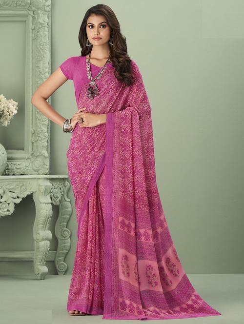 pink self design printed georgette saree with blouse - 20202991 - Very Small Image - 1
