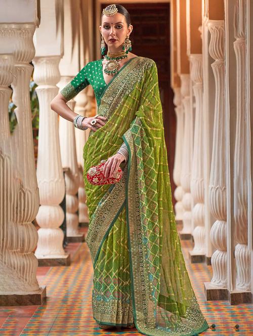 green bandhani print georgette saree with blouse - 20203018 - Very Small Image - 1