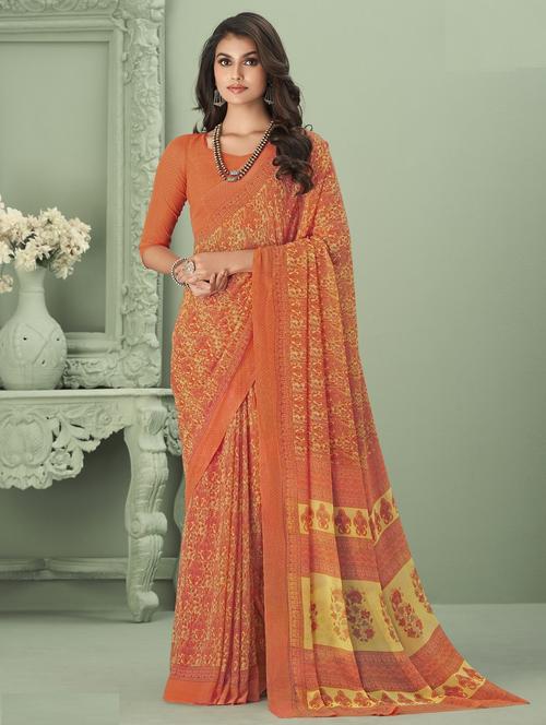 orange self design printed georgette saree with blouse - 20203027 - Very Small Image - 1