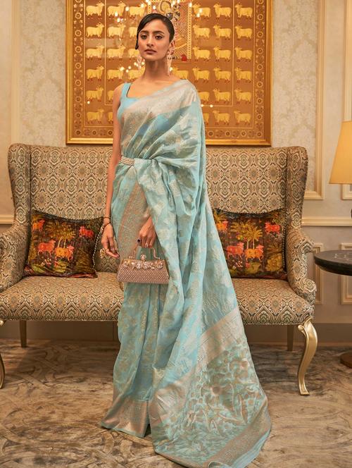 blue self design woven saree with blouse - 20203042 - Very Small Image - 1
