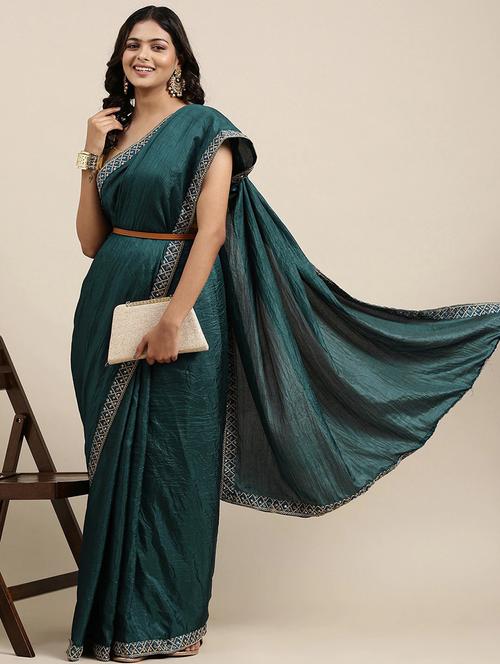 green solid plain georgette saree with blouse - 20203047 - Very Small Image - 1