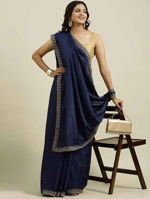dark blue solid plain georgette saree with blouse - 20203048 - Very Small Image - 1