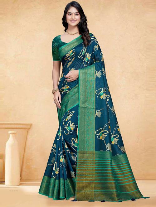 blue floral printed saree with blouse - 20203859 - Very Small Image - 1