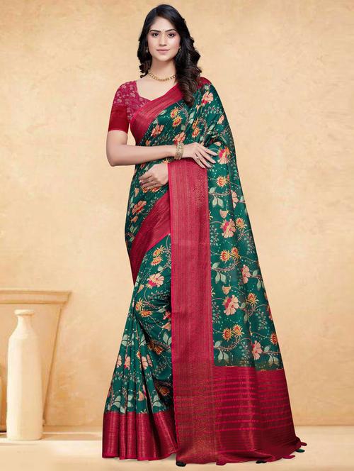 dark green floral printed saree with blouse - 20203863 - Very Small Image - 1