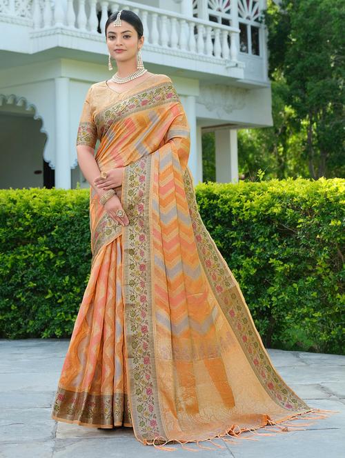 orange self design banarasi saree with blouse - 20203864 - Very Small Image - 1