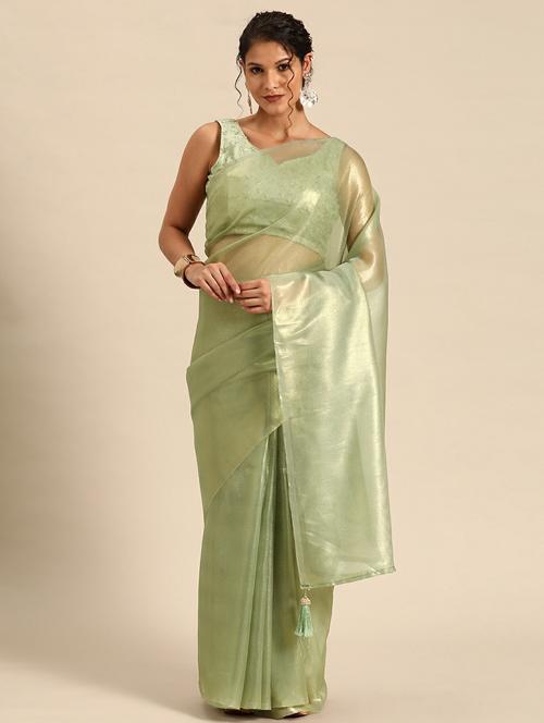 green solid plain organza saree with blouse - 20203870 - Very Small Image - 1