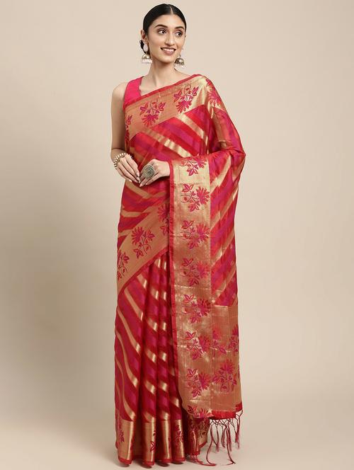 red stripes organza banarasi saree with blouse - 20203886 - Very Small Image - 1