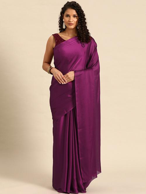 purple solid plain saree with blouse - 20203889 - Very Small Image - 1