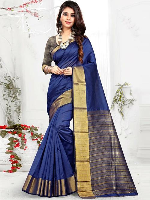 dark blue solid woven saree with blouse - 20203904 - Very Small Image - 1