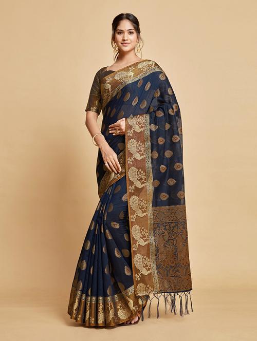 dark blue self design chanderi saree with blouse - 20203906 - Very Small Image - 1